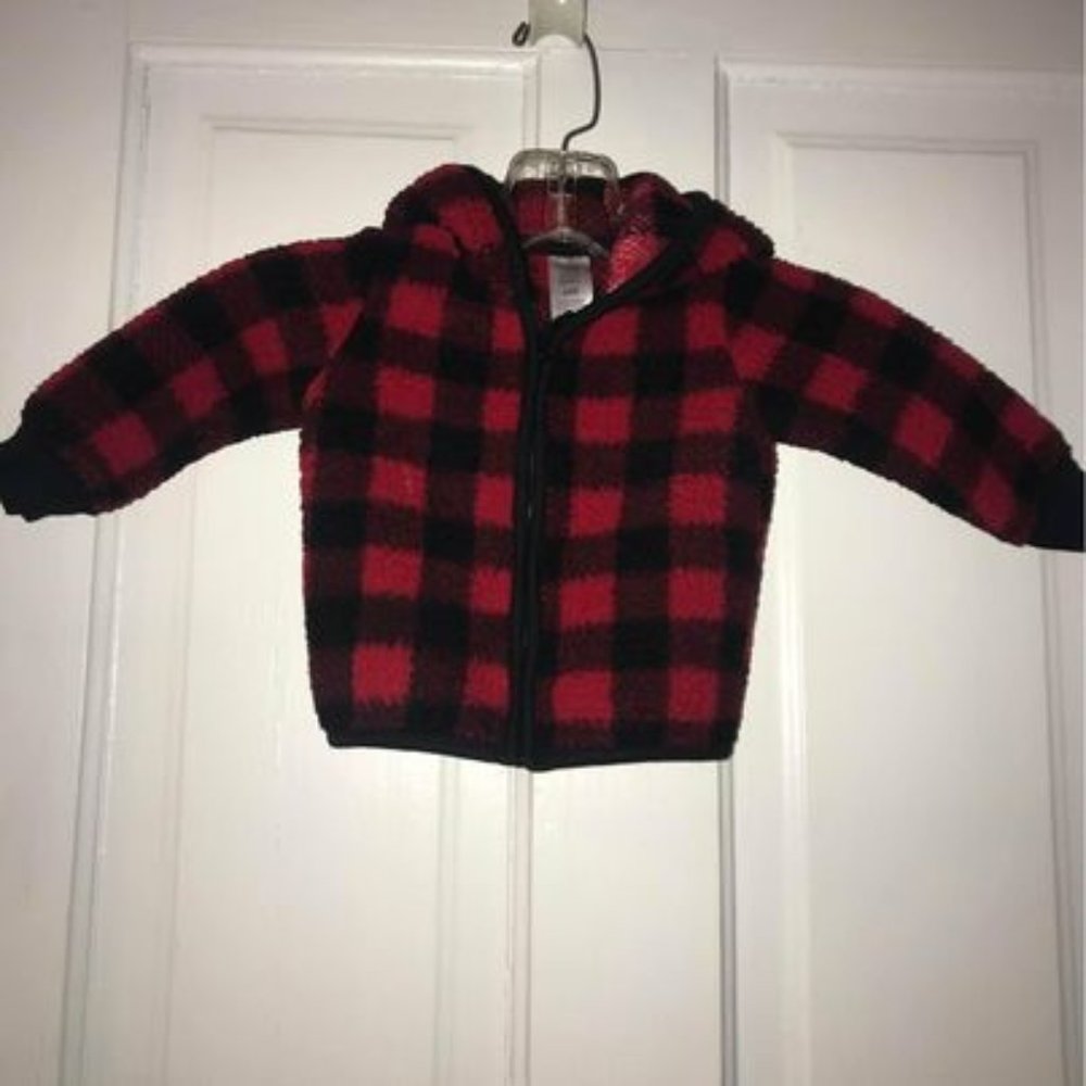 Carters Red And Black Plaid Sherpa Zip Up Hoodie (Size 6 Months)